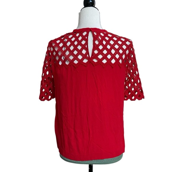 Sandro Paris Lace Blouse FR 2 US 6 Red Cutout Short Sleeve Keyhole NWT $250 - Picture 9 of 13